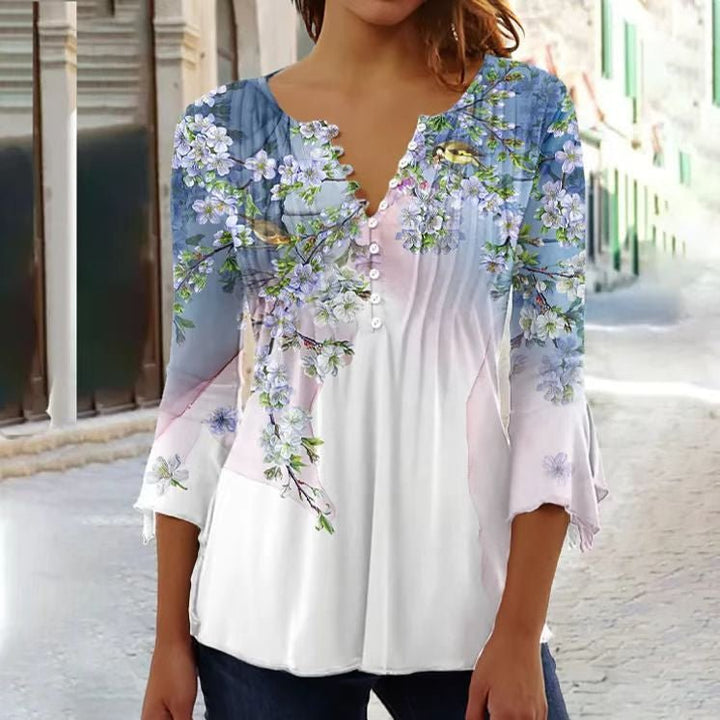 Elegant women's long sleeve blouse. Henley style with delicate lace sleeves, offering comfort for daily fashion.