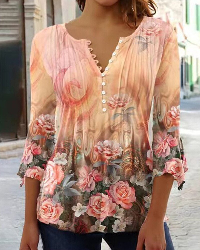 Fashion blouse for women: Henley top with exquisite lace sleeves. A versatile choice for casual elegant looks.