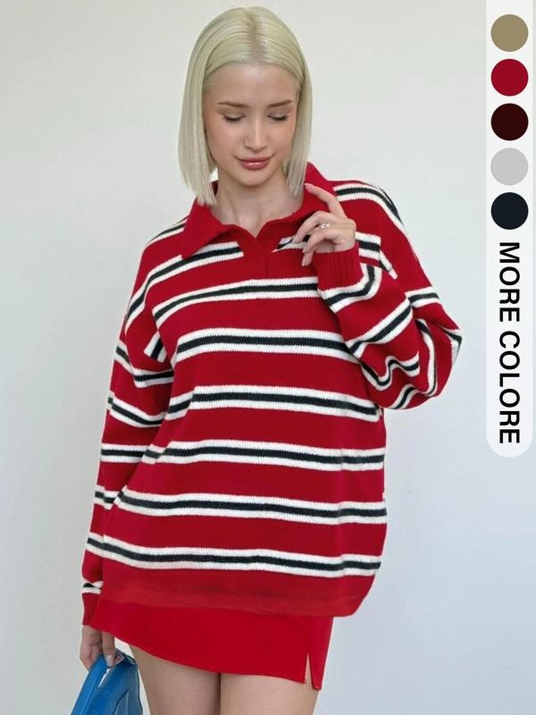 Model wearing Women's Heritage Striped Knit Sweater, styled for winter fashion