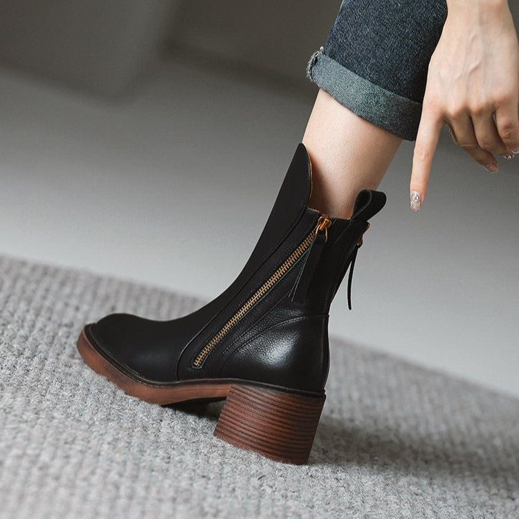 Comfortable women's high heel ankle boots, shock-absorbing for all-day wear, with a stylish metal zipper.