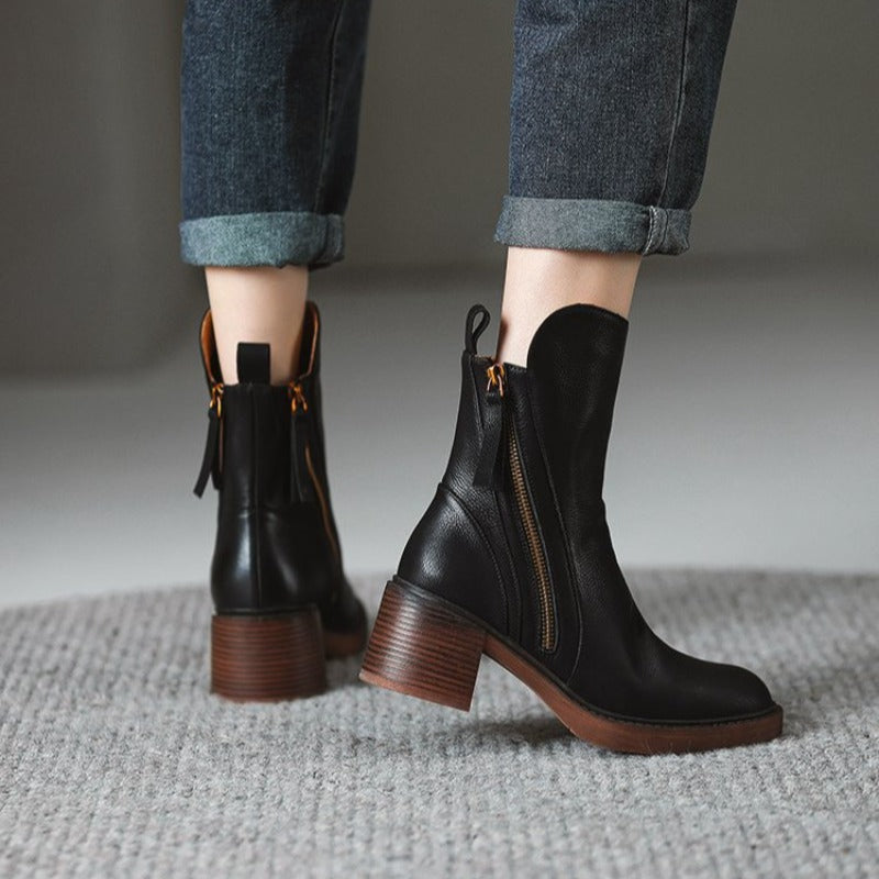 Fashionable women's fall winter high heel ankle boots, featuring an elegant metal zipper & durable sole.