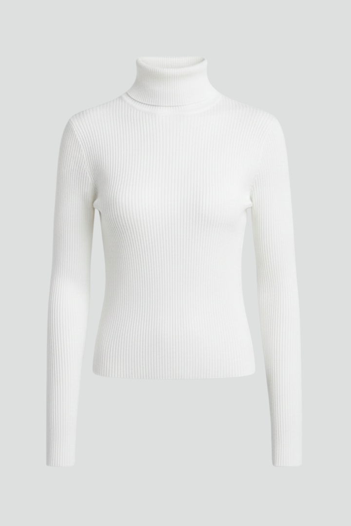 Women's high neck ribbed sweater in a classic knit, perfect for elegant winter style.