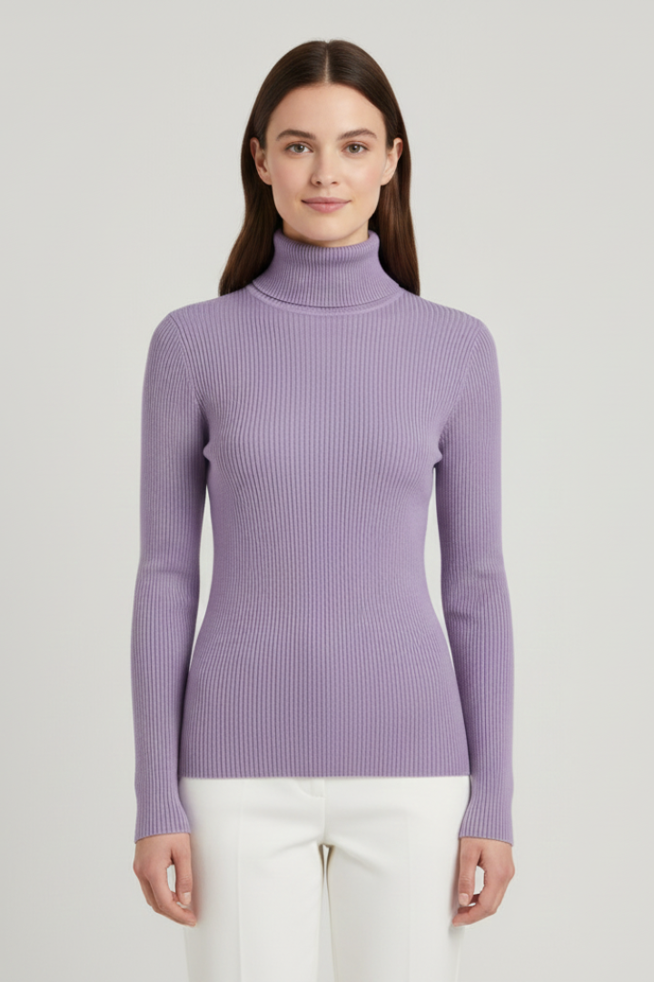 Women's elegant high neck ribbed sweater, designed for warmth and versatile winter outfits.