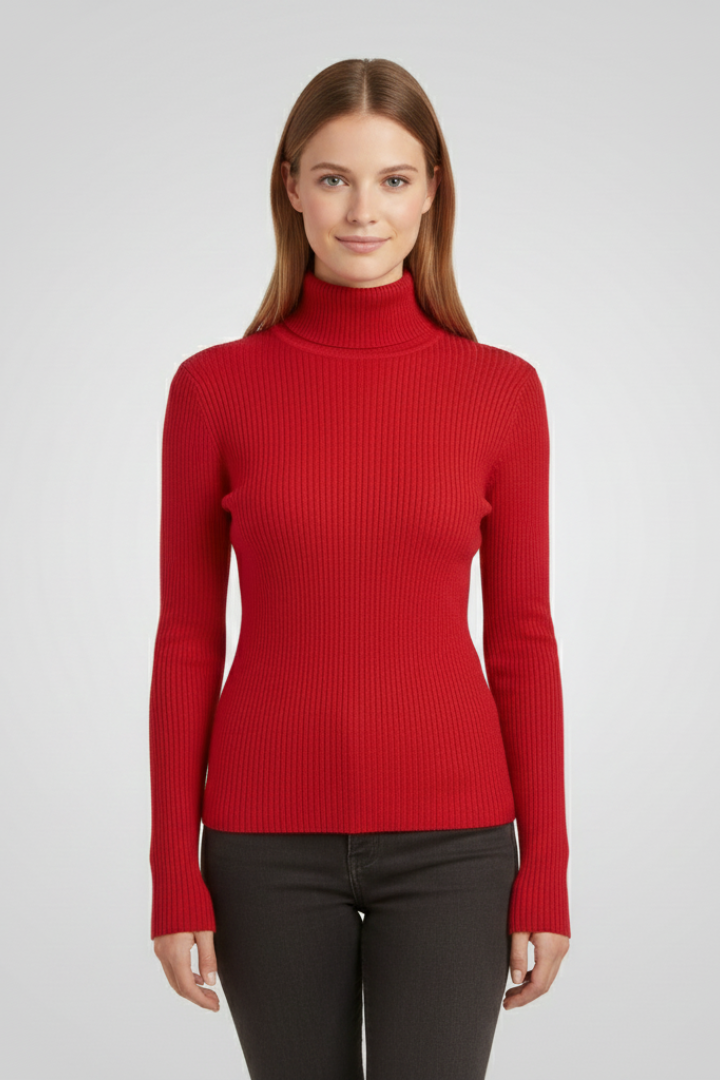 Women's cozy high neck ribbed sweater, perfect for casual outings or dressier occasions.