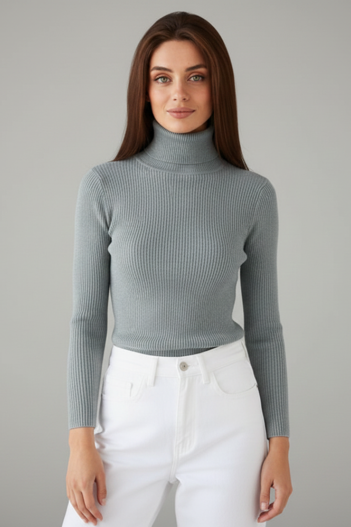 Sophisticated women's high neck ribbed long sleeve sweater, enhancing your winter style.