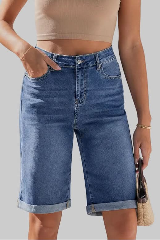 Warm weather women's long shorts, high-rise and comfortable, perfect for casual everyday style.