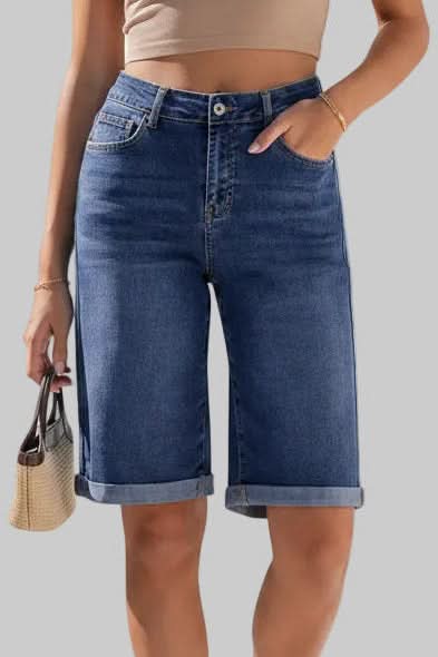 Modern women's high-rise long shorts, offering a flattering fit and comfortable style for summer.