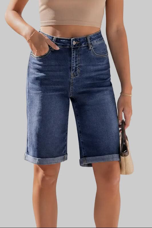Versatile women's high-rise long shorts, perfect for casual outfits & comfortable warm weather style.