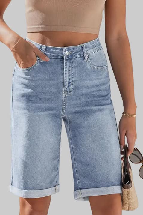 Flattering women's high-rise long shorts, designed for comfort & modern summer casual wear.