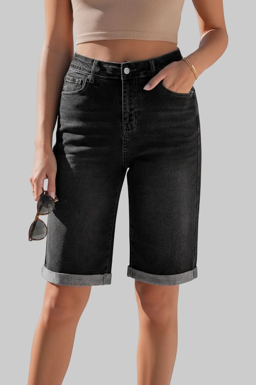 Relaxed fit women's high-rise long shorts, comfortable and chic for versatile summer fashion.