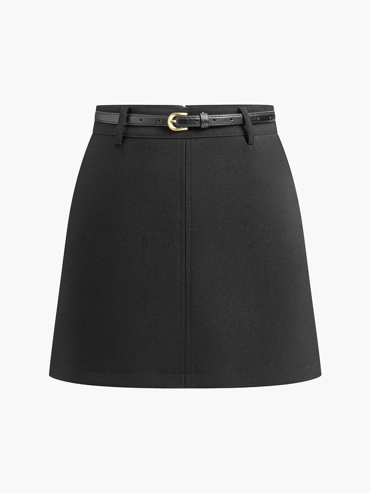 Chic A-Line Mini Skirt with Belt for Women. High-waisted style, perfect for elegant fashion.