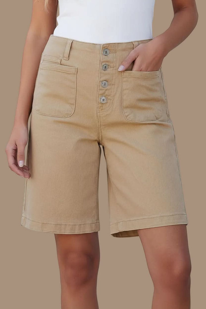 Modern high waist Bermuda shorts, offering a flattering fit for women's versatile summer fashion.