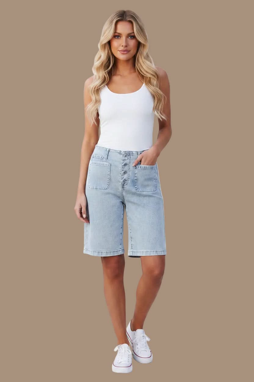 Women's high waist Bermuda shorts, perfect for a summer vacation, beach, or effortless daily wear.