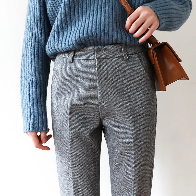 Elegant women's gray high-waist wool blend straight leg trousers, perfect for office wear
