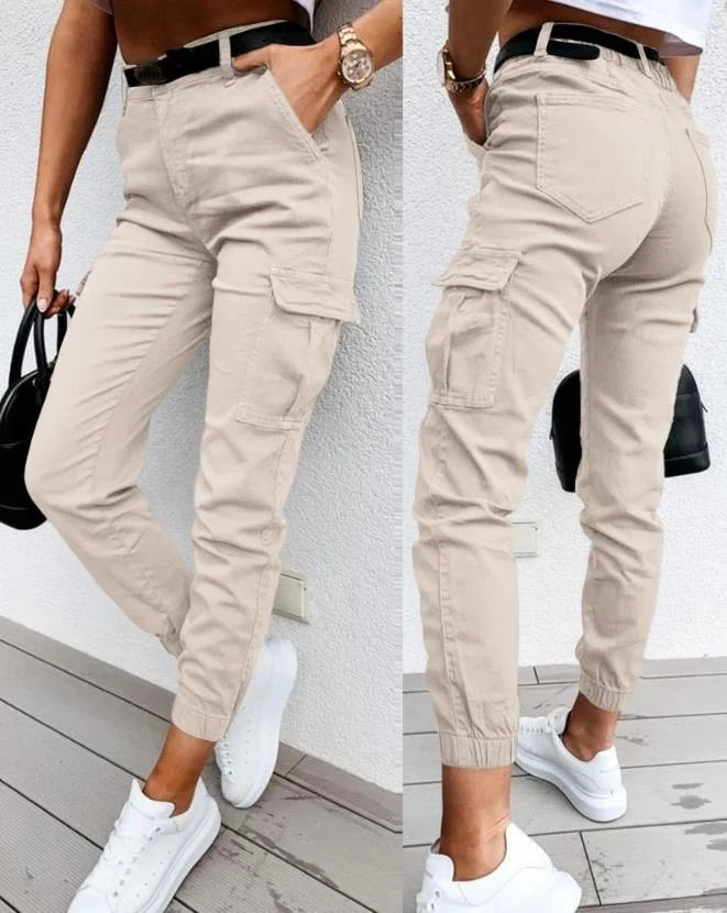 Stylish women's high waist cargo joggers. Features a comfortable tapered leg and cuffed ankle for fashion.