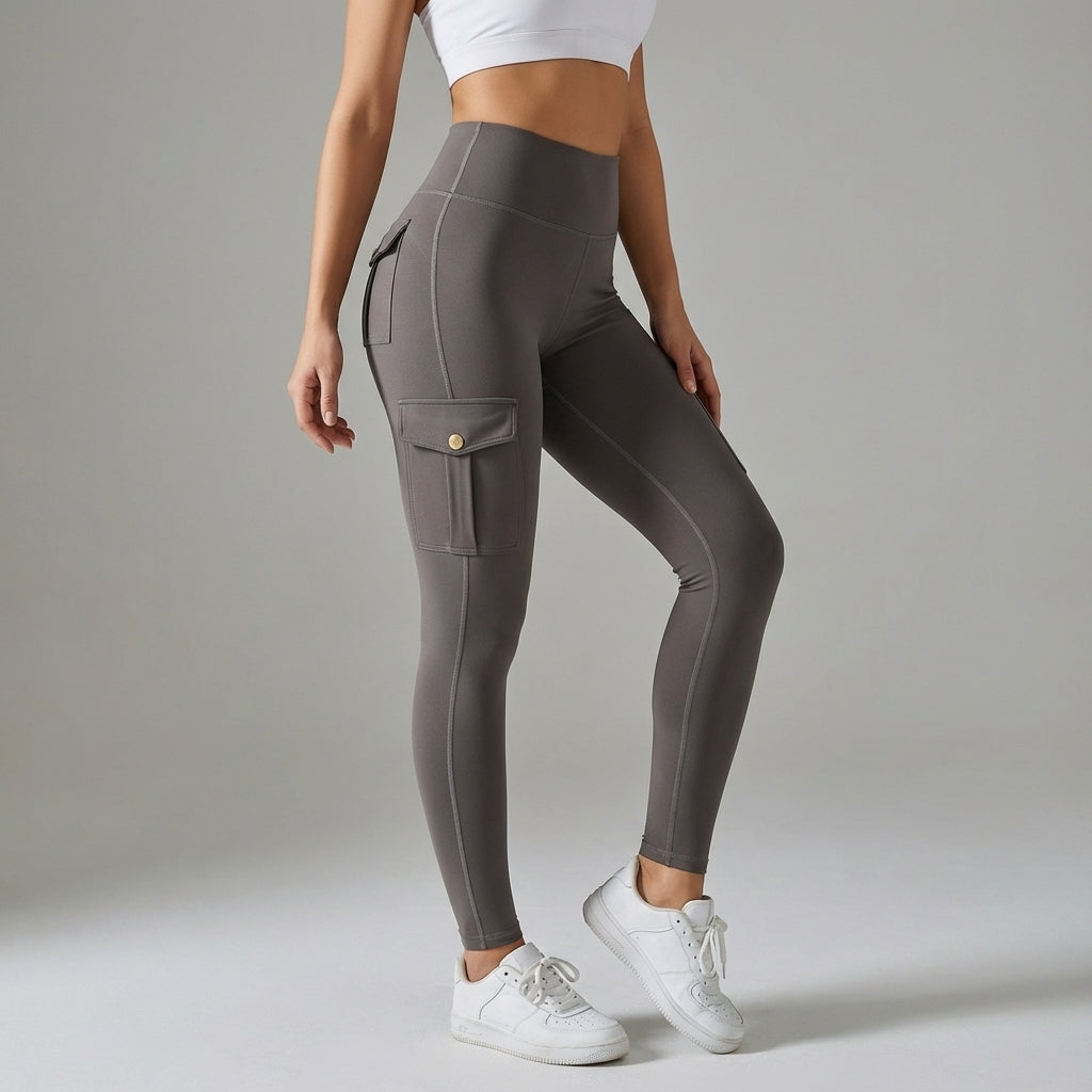 Opaque women's high-waist cargo leggings with side pockets, perfect for workouts, hiking, and casual style.