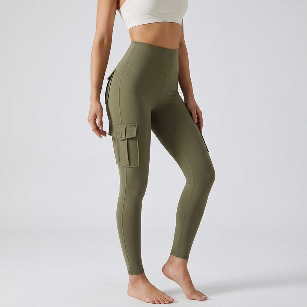 Versatile women's cargo leggings, high-waist design & pockets for activewear, athleisure, & casual style.