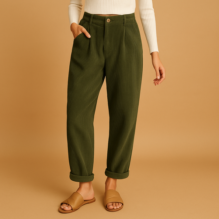 Stylish corduroy high waist pants for women. Relaxed fit straight leg trousers, perfect for autumn casual outfits.