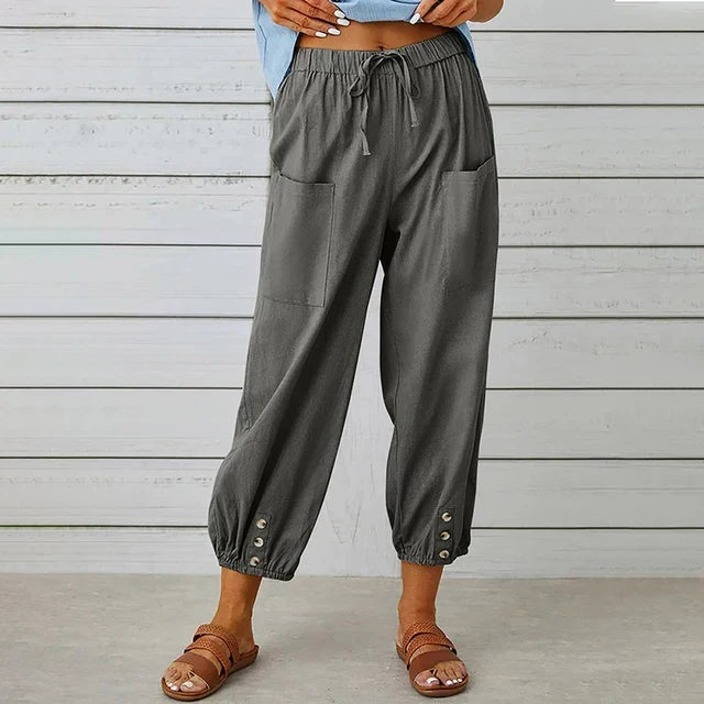 Comfortable women's high waist pants with drawstring and modern tapered ankle fit.