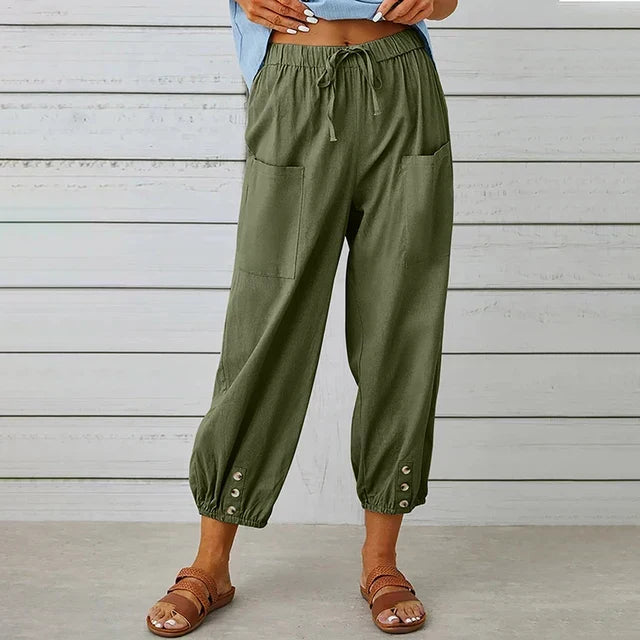 Stylish women's tapered leg pants, high waist with drawstring for a flattering casual look.