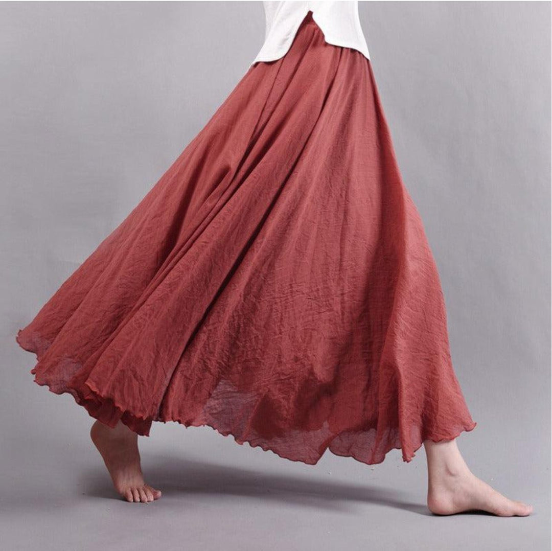Graceful A-line maxi skirt, high waist, flowing bohemian style for women, ideal for elegant summer fashion.