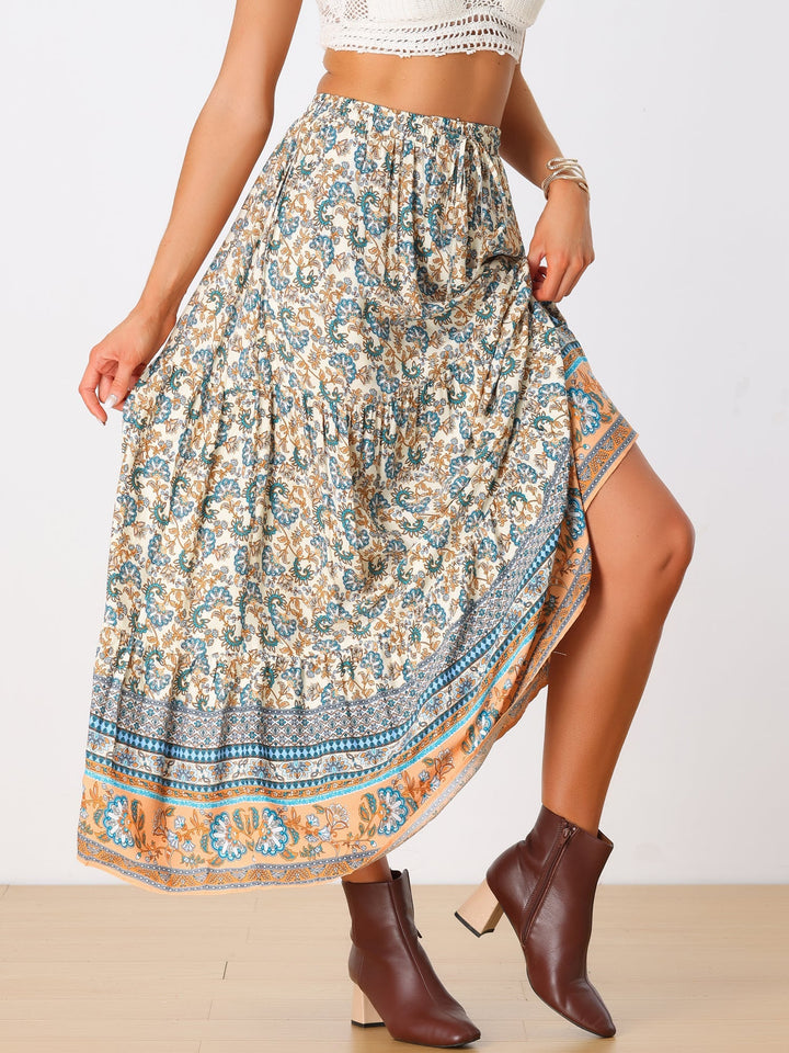 Women's high-waist flowing printed maxi skirt with a chic side slit.