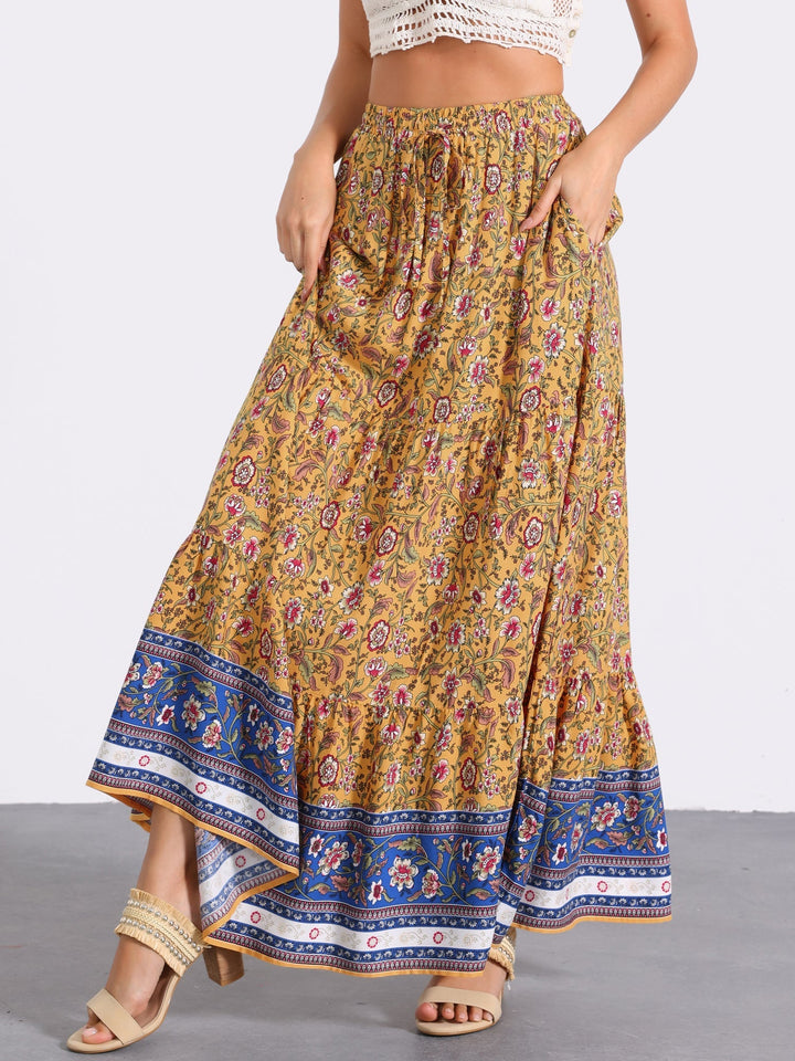 Summer essential: High-waist flowing maxi skirt, women's, with vibrant print & slit.