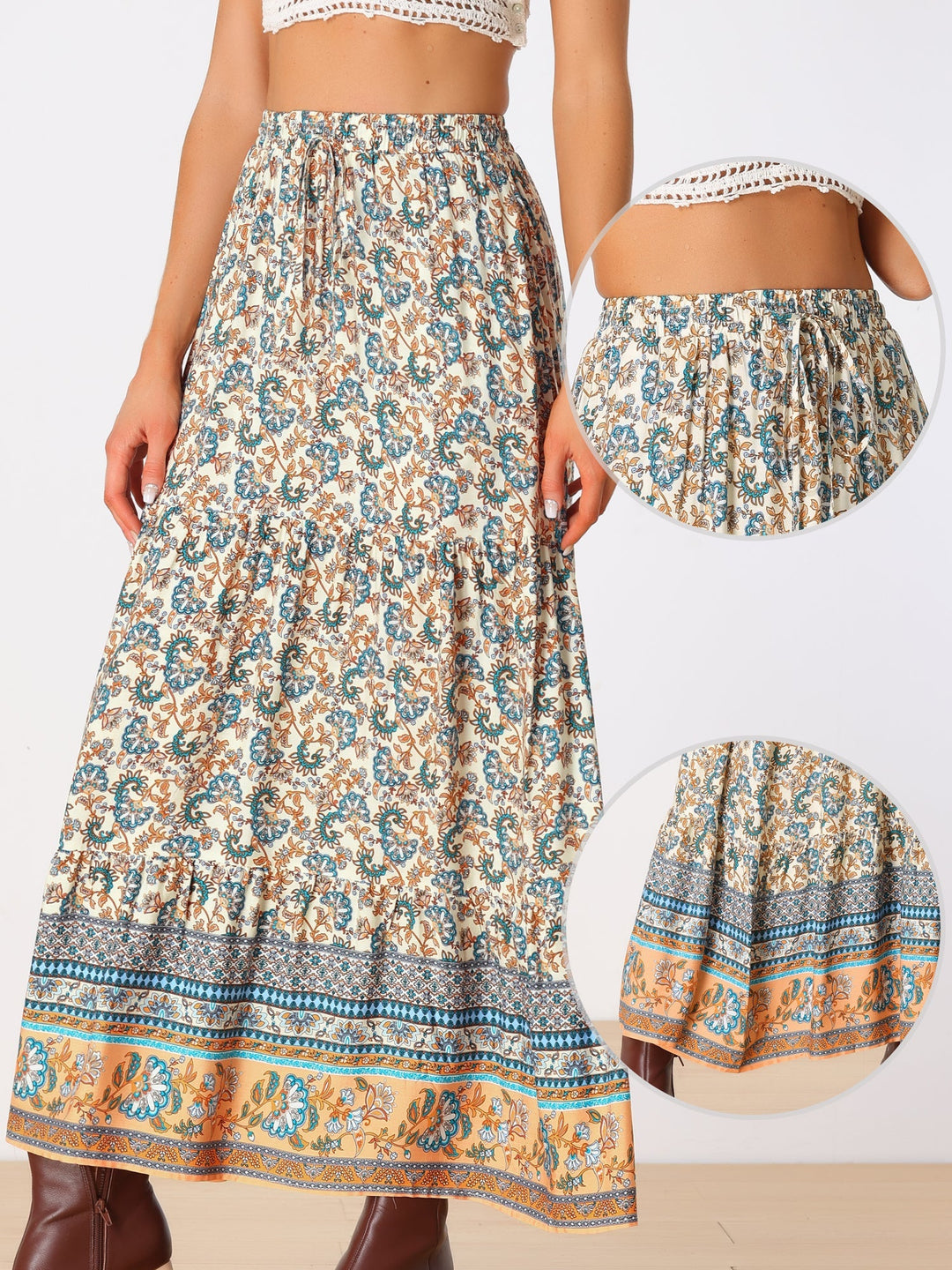 Boho high-waisted maxi skirt, flowing & printed, perfect for summer vacation.