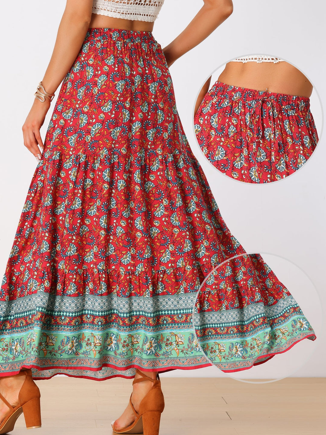 Stylish high-waisted printed maxi skirt, flowing, for women, showcasing a side slit.
