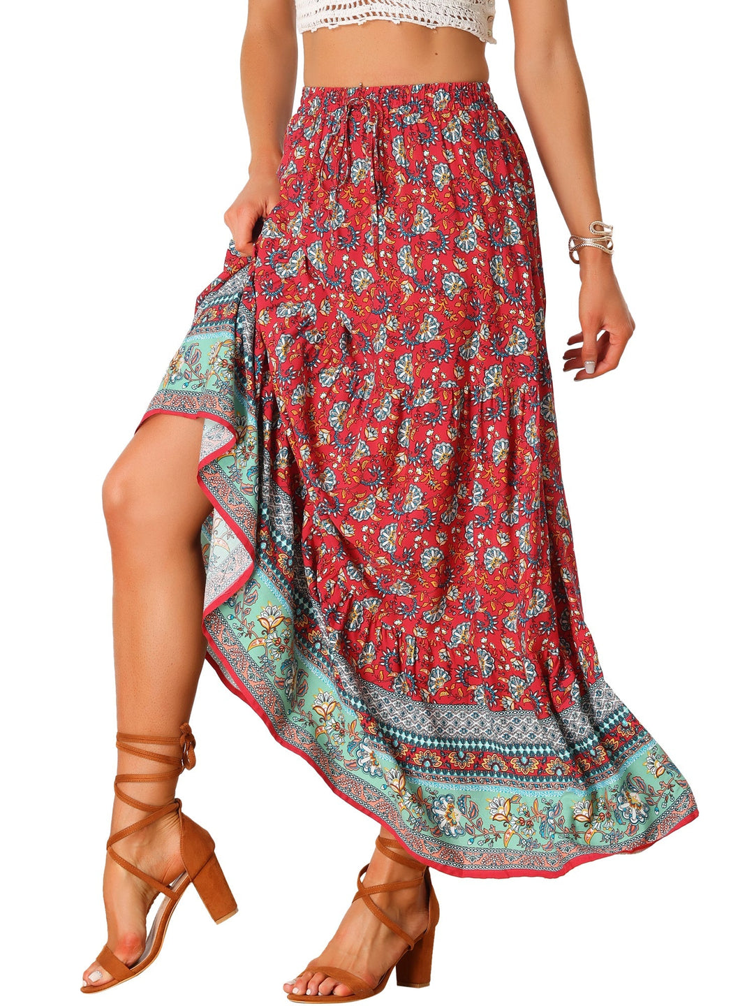 Boho-inspired women's flowing maxi skirt, high-waist, printed, with a thigh slit.