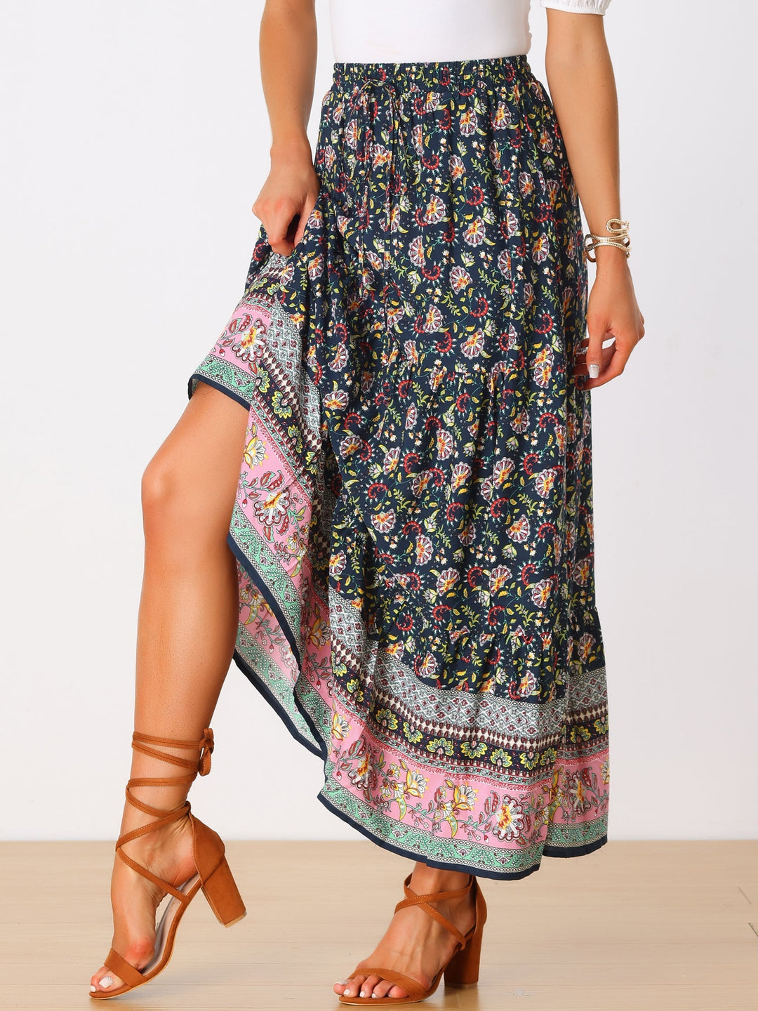 High-waist printed flowing maxi skirt for women, delivering comfort and style.