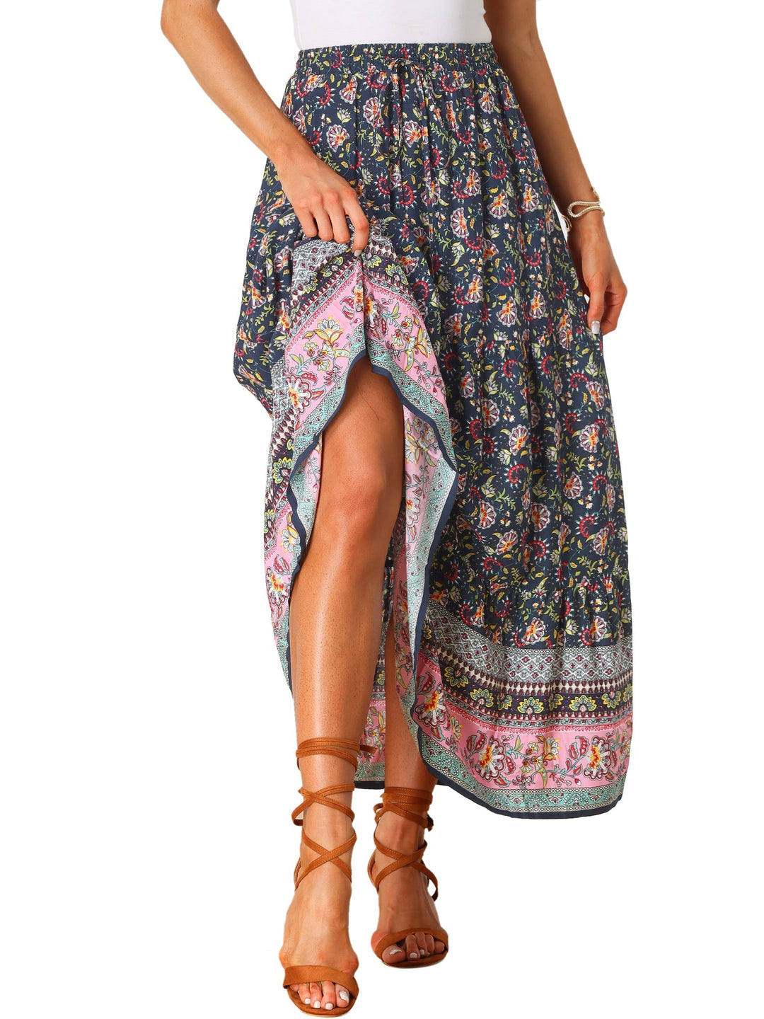 Trendy high-waisted maxi skirt, women's, flowing, printed pattern, side slit detail.
