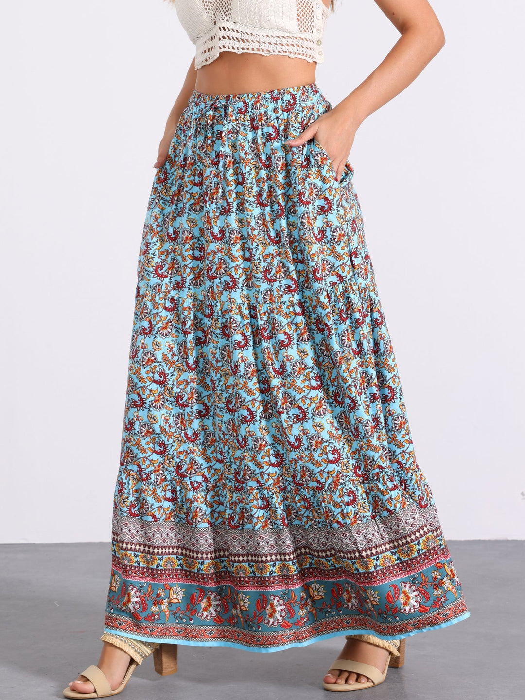 High-waisted boho flowing maxi skirt for women, all-over print, with a sexy side slit.