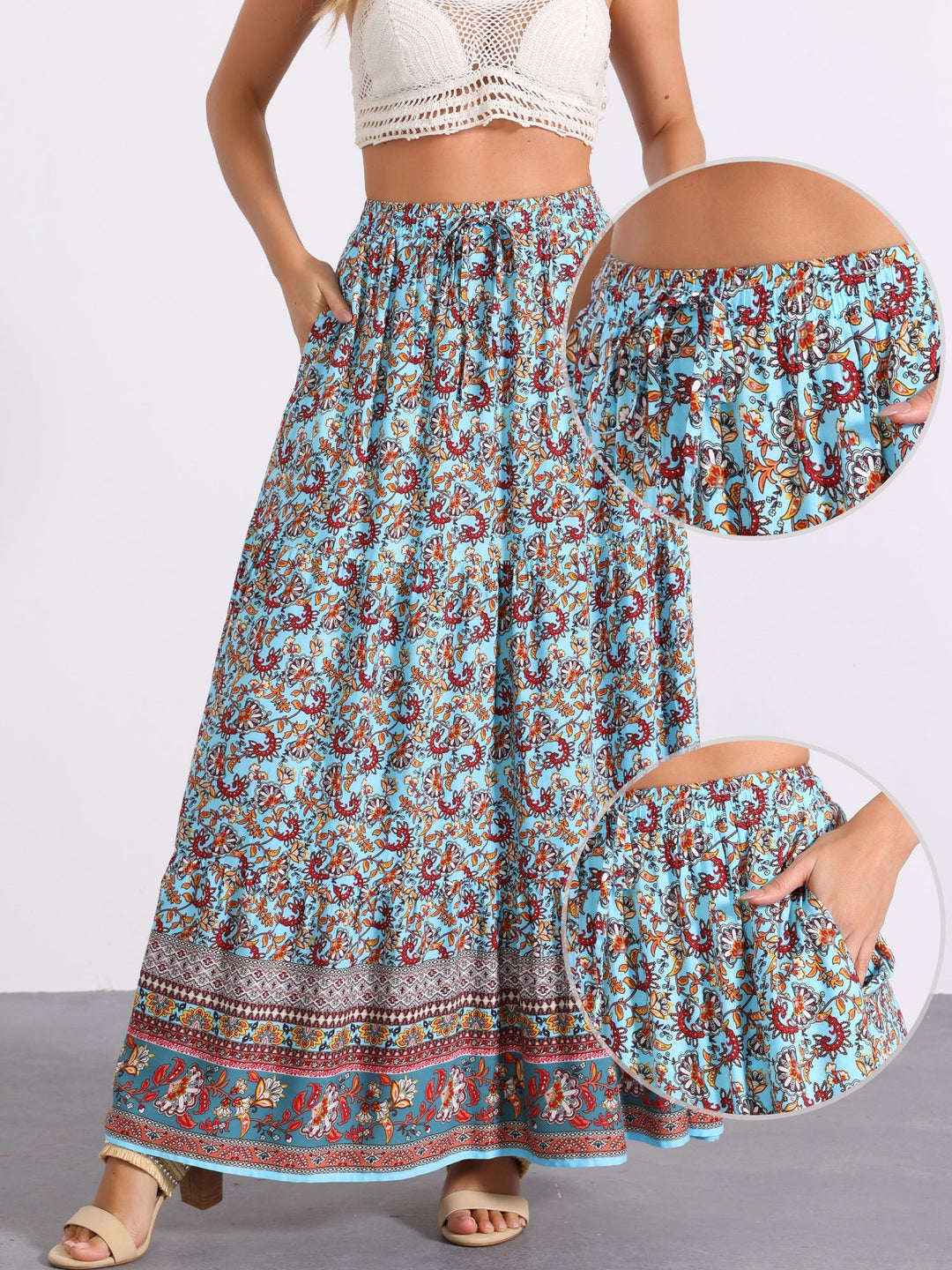 Printed flowing high-waist maxi skirt, women's, suitable for day or evening wear.
