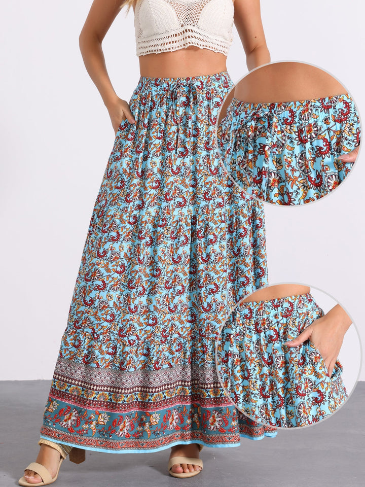 Printed flowing high-waist maxi skirt, women's, suitable for day or evening wear.