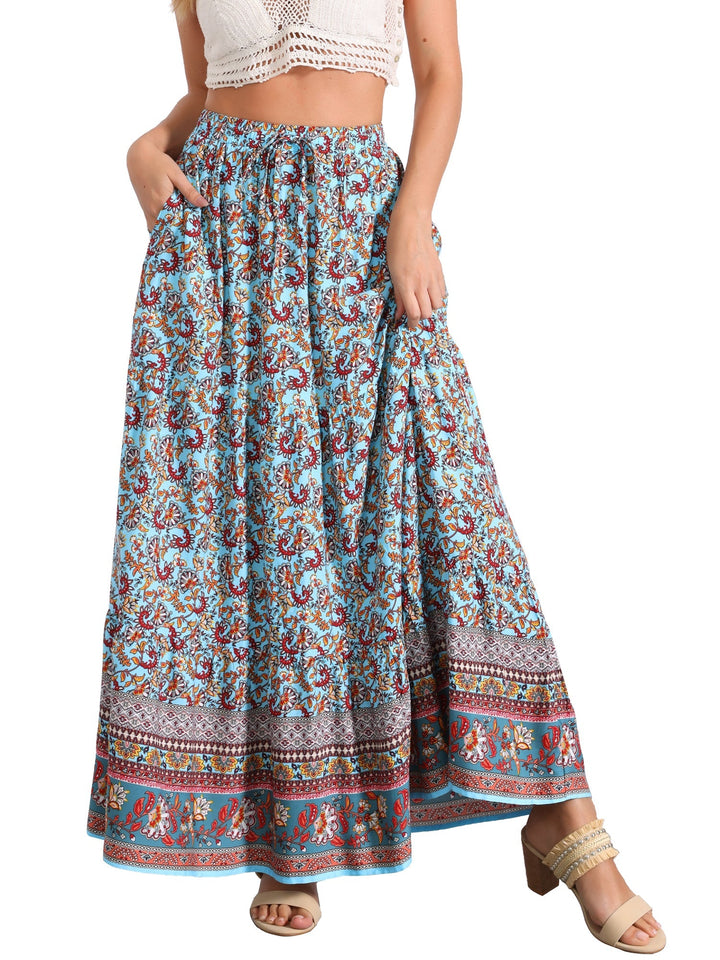 Elegant women's flowing printed maxi skirt, high-waist, perfect for formal events.
