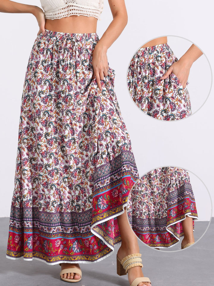 Women's high-waist flowing maxi skirt, vibrant print, with an attractive side slit.