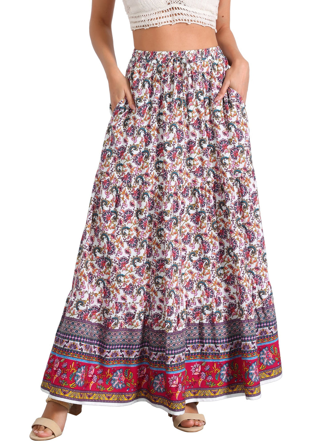Printed flowing high-waisted maxi skirt, women's fashion statement piece.