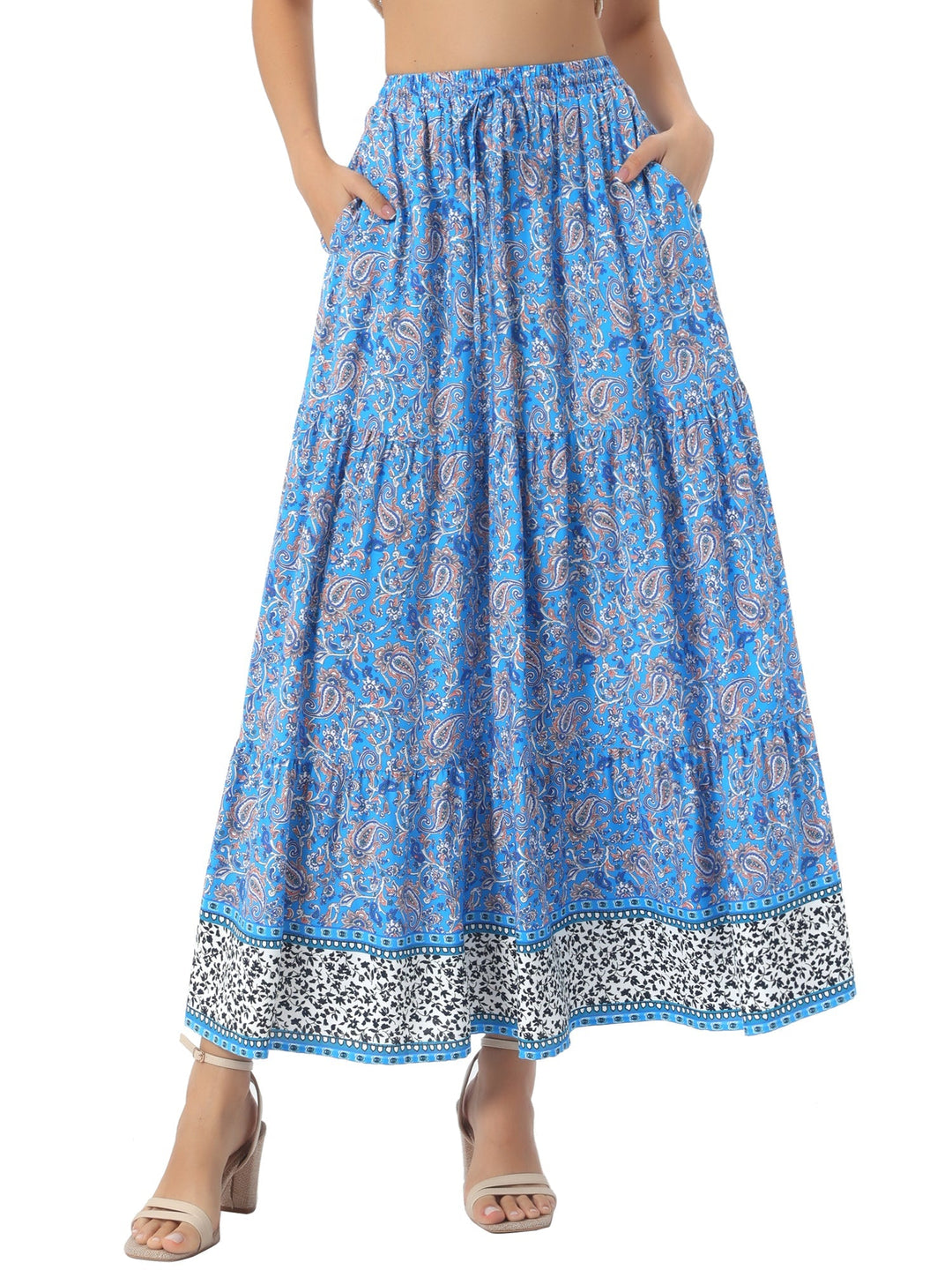 High-waisted flowing printed maxi skirt, women's, perfect for a sunset stroll.
