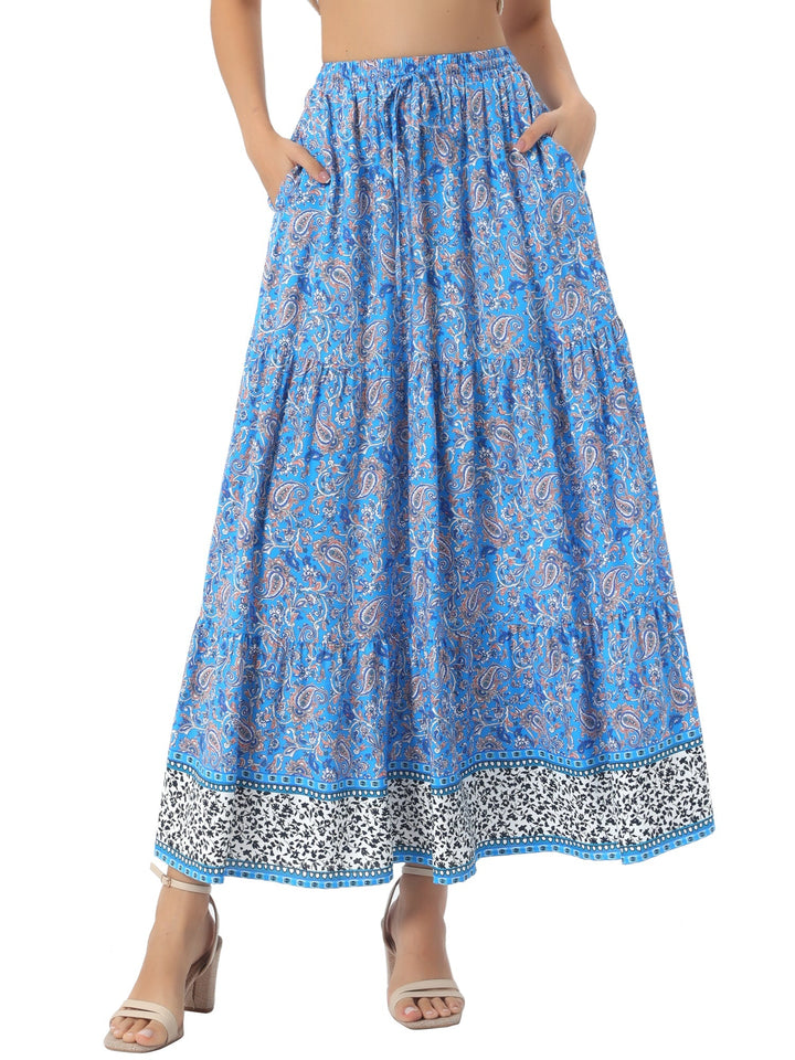 High-waisted flowing printed maxi skirt, women's, perfect for a sunset stroll.