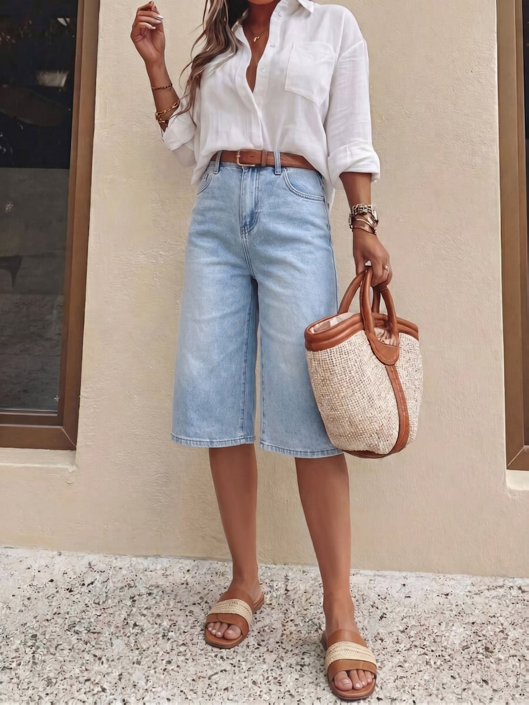 Trendy light blue high waist culotte shorts for women, wide leg & cropped style, perfect for spring outfits.