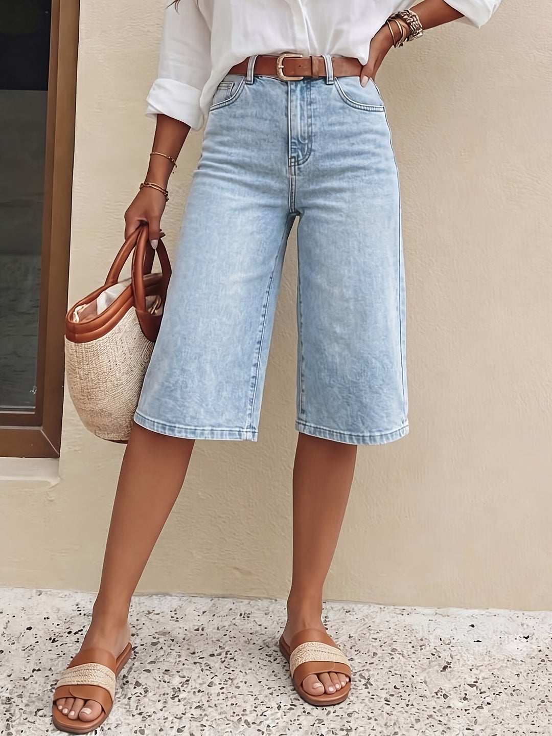 Comfortable women's light blue wide leg cropped culotte shorts, high waist for a stylish everyday look.