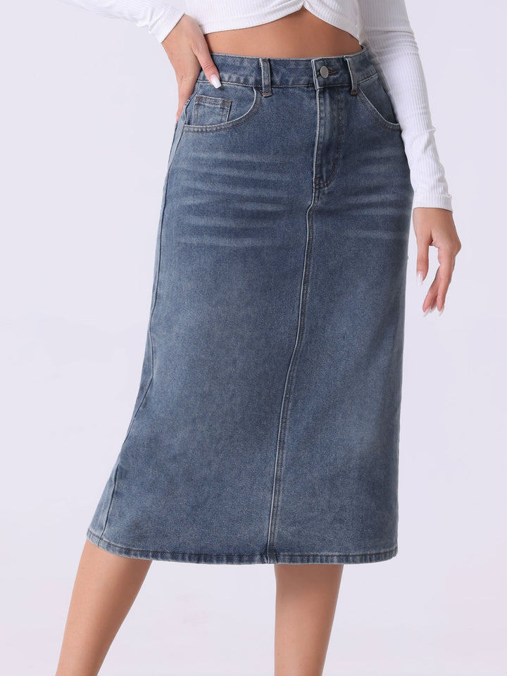 Women's high waist midi skirt with a stylish front slit, perfect for versatile casual and office wear in classic blue.