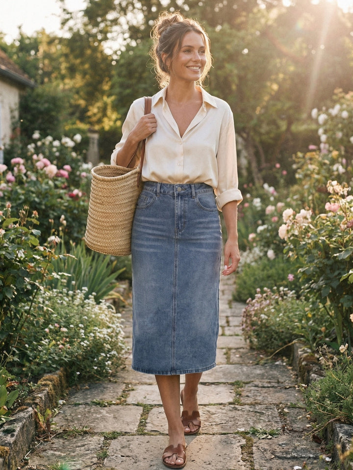 Fashionable high waist straight midi skirt with a modern slit. A versatile grey-blue piece for everyday or office.