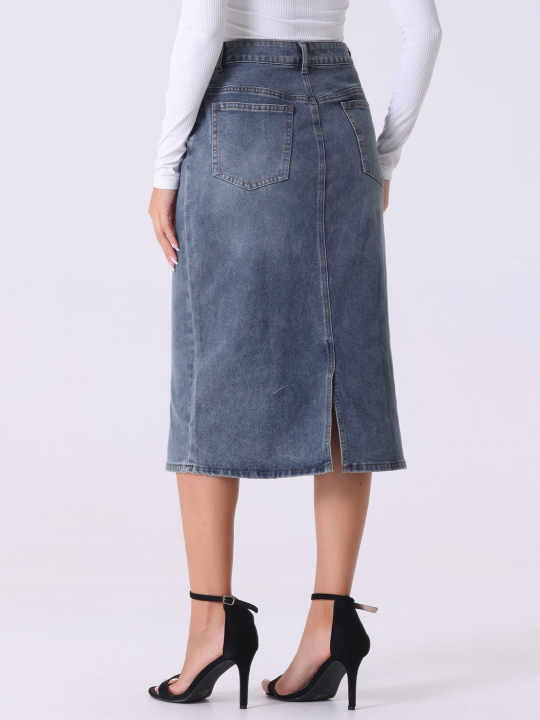 Elegant women's high waist midi skirt, straight cut with a chic slit. Ideal for a classic, fashionable look.