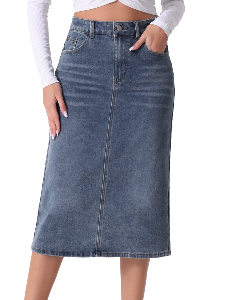 Comfortable grey-blue high waist midi skirt for women, featuring a trendy slit. Great for casual and weekend outfits.