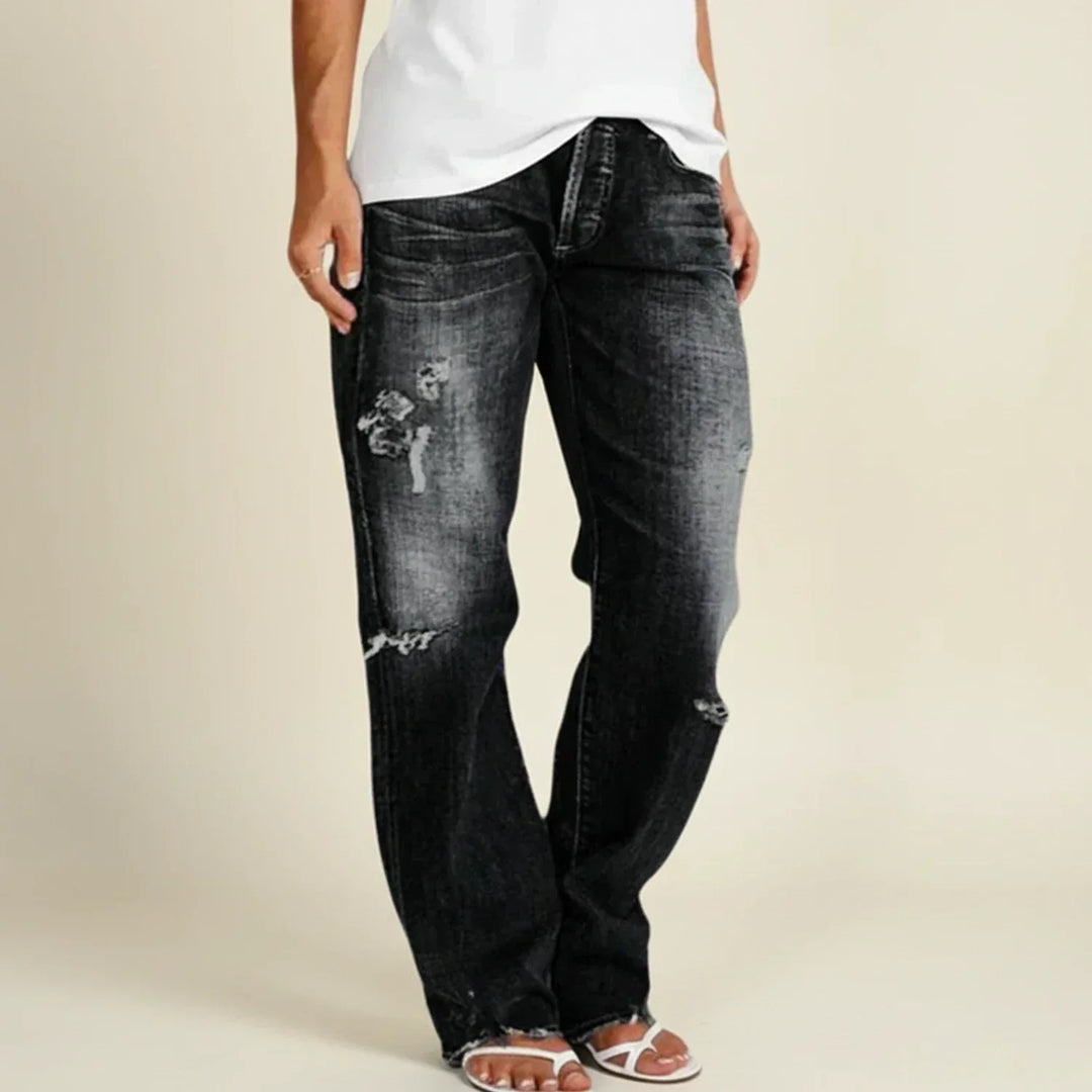 Trendy women's blue high waist ripped straight leg jeans, featuring distressed denim for a casual chic look.