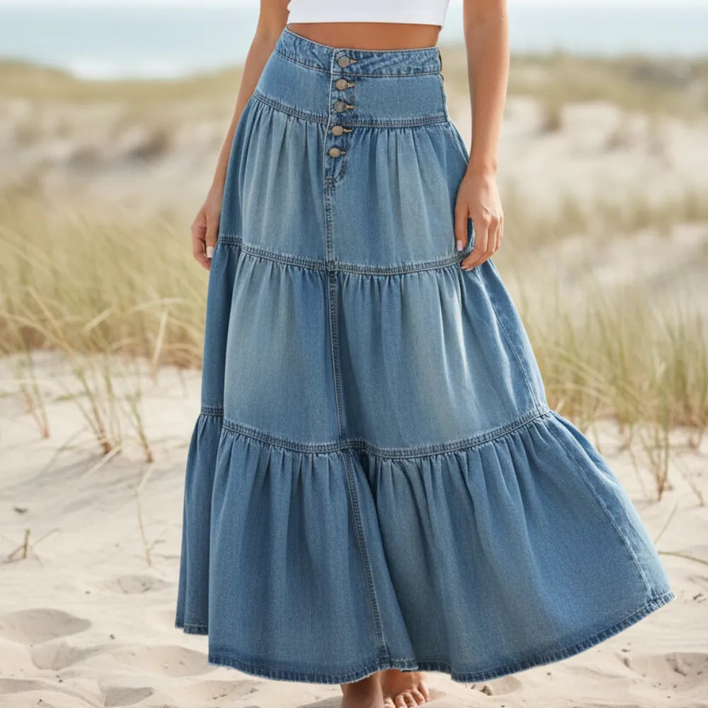 Women's high waist ruffled maxi skirt, flowy bohemian style, perfect for festival fashion or summer beach wear.