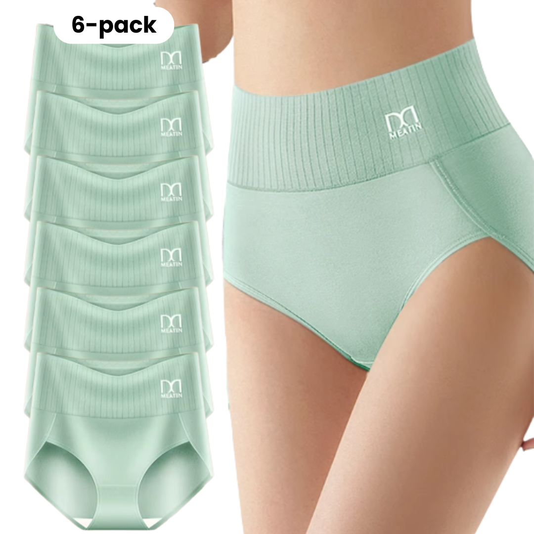 Model wears seamless high-waist shaping underwear. Women's comfortable 6-pack shapewear for daily invisible support.