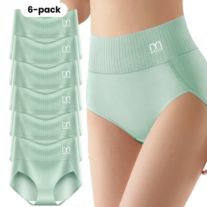 Model wears seamless high-waist shaping underwear. Women's comfortable 6-pack shapewear for daily invisible support.